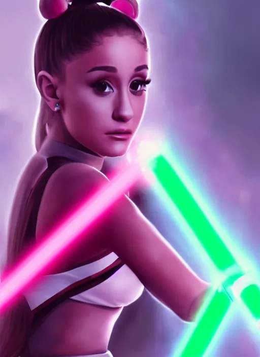 Image similar to An extremely detailed photo of Ariana Grande in the Star Wars universe with two pink lightsabers held in each hand. Maximum detail on artstation, photo realism, vivd details, vivd colour, volumetric lighting. anime art style