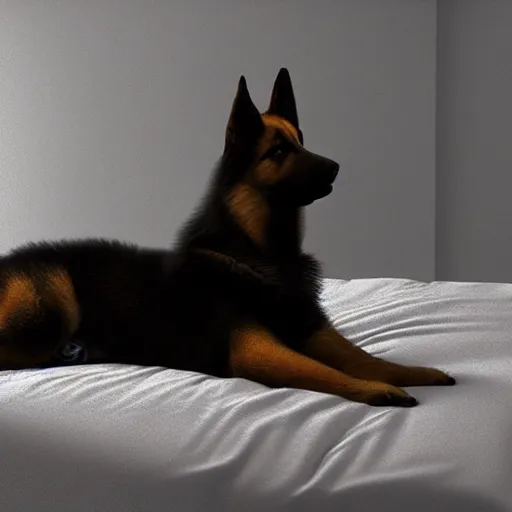 Image similar to in my bedroom my gsd puppy gets the zoomies and jumps around on the bed. the bed has a color comforter that's unmade. high energy, frenetic craziness, running, jumping, and chasing. cg animation, 3 d octane render, imax 7 0 mm, rtx,