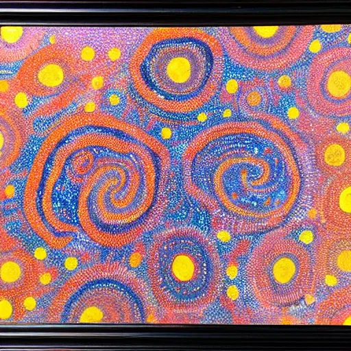 Prompt: the phantom galaxy painted in the style of australian aboriginal art, detailed painting, dot painting, dreamtime, pastel blush color palette, indigenous, ochre papunya tula,