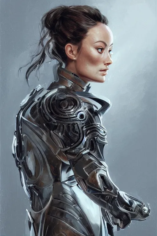 Image similar to a finely detailed portrait of Olivia Wilde, clothed in futuristic battle armor, olive skin, long dark hair, beautiful bone structure, symmetrical facial features, intricate, elegant, digital painting, trending on Artstation, concept art, smooth, sharp focus, illustration, from Metal Gear by Ruan Jia and Mandy Jurgens and Artgerm and and william-adolphe bouguerea, award winning