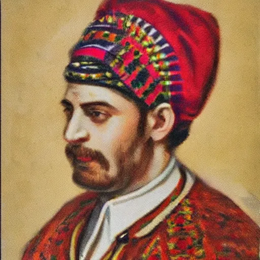 Prompt: buba corelli in traditional bosnian clothing including fez, photorealistic