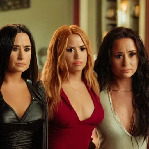 Prompt: close-up of Demi Lovato as Piper Halliwell, Selena Gomez as Phoebe Halliwell and Ariana Grande as Prue Halliwell in a Charmed movie directed by Christopher Nolan, movie still frame, promotional image, imax 35 mm footage