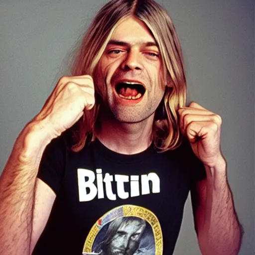 Prompt: kurt cobain wearing a bitcoin t - shirt screaming angrily, arguing, concept art, incredible detail, photorealistic, caricature