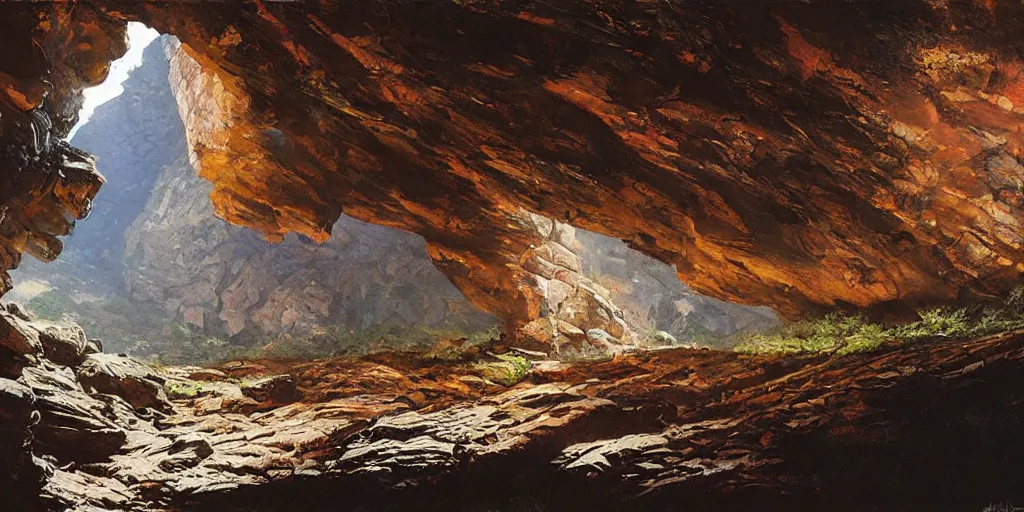 Prompt: painting of majestic rocky wall in a dark cave with rocky ground, art by james gurney and greg rutkowski, vivid colors