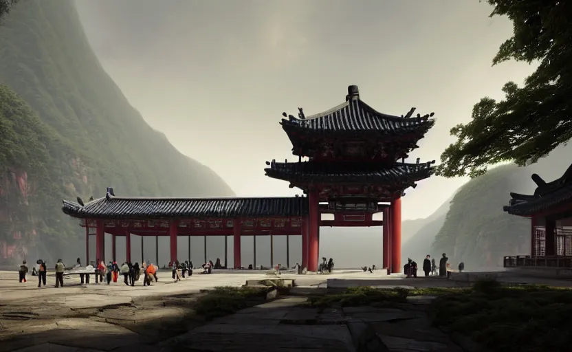 Image similar to exterior shot of utopian train station on in the middle of an ancient chinese temple hill with cinematic lighting by peter zumthor and renzo piano, darek zabrocki and greg ruthkowski, simon stalenhag, cinematic, holy place, paradise, scifi, futurism, atmospheric, concept art, artstation, trending on artstation