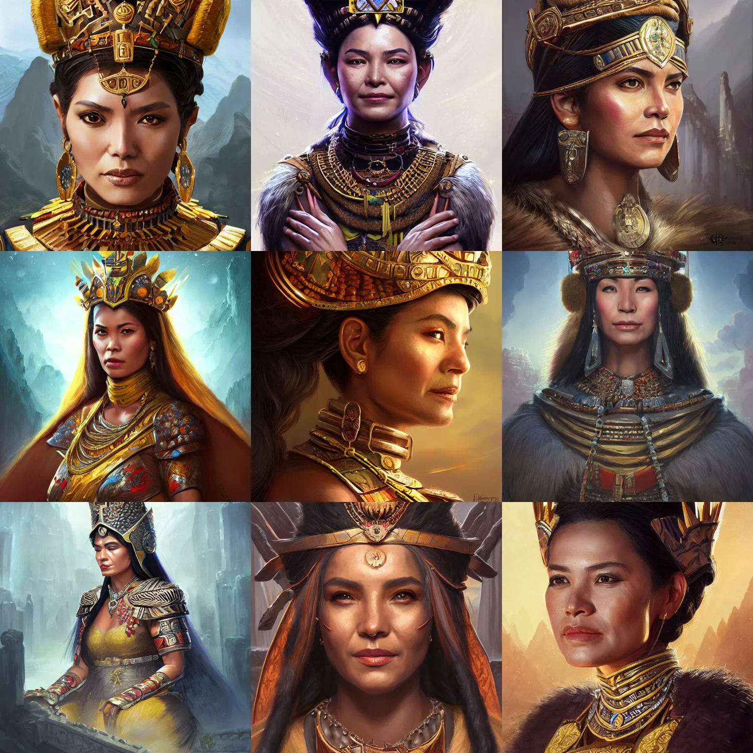 Image similar to incan empress, magaly solier, D&D, fantasy, portrait, highly detailed, digital painting, trending on artstation, concept art, sharp focus, illustration, art by artgerm and greg rutkowski and magali villeneuve