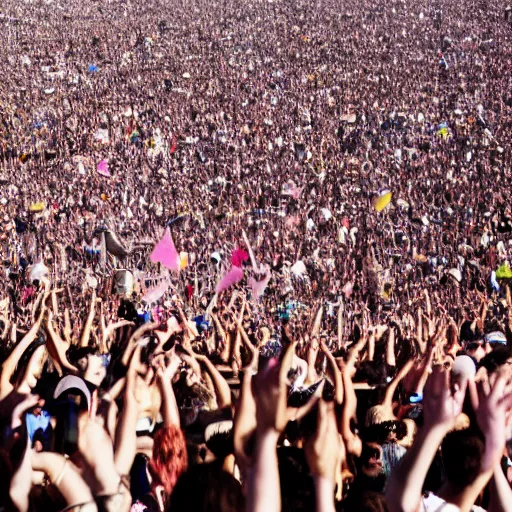 Prompt: a photograph of the coachella crowd, with everybody making illuminati signs over their eyes, detailed photography