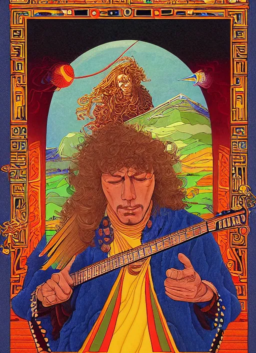 Image similar to an awesome jean giraud graphic art of pat metheny in the style of a renaissance masters portrait, mystical and new age symbolism and tibetan book of the dead imagery, intricately detailed, 4 k