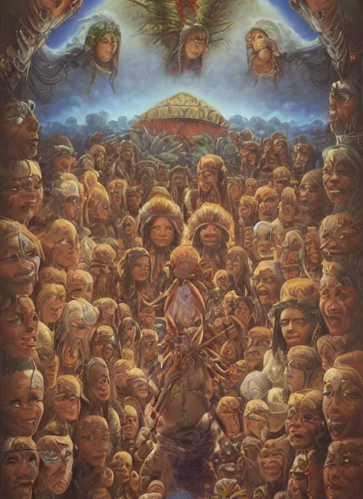 Image similar to faces of indigenous amazonian grandfathers and grandmothers spirits in the clouds, smiling, protection, benevolence, ancestors, detailed faces, religious painting, art by christophe vacher