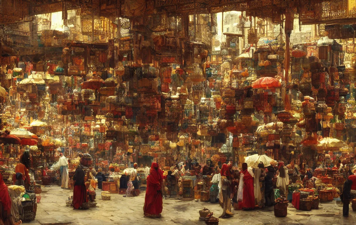 Prompt: a busy market interior in a fantasy Cairo city, by Jean lean Gerome, orientalism, trending on artstation