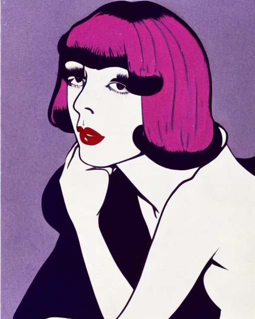 Prompt: colleen moore 2 5 years old, bob haircut, sultry, portrait by patrick nagel