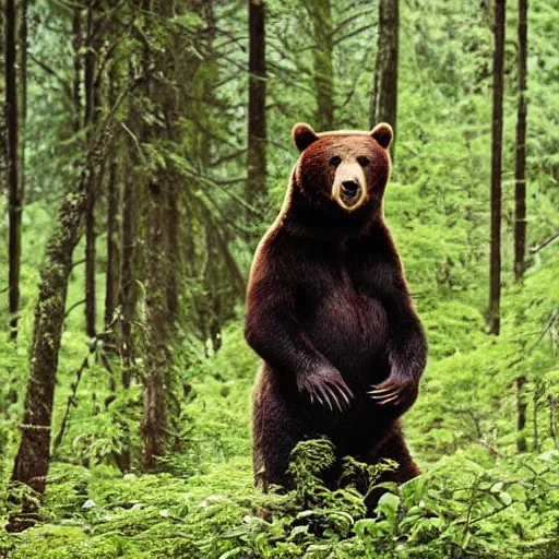 Image similar to a bear as a field news reporter in the forest, photograph