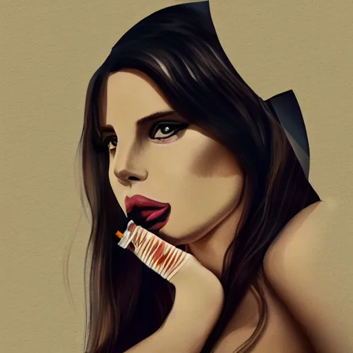 Image similar to Lana Del Rey eating a cigarette sandwich, 4k, 8k, trending on artstation, artstation digital artwork.