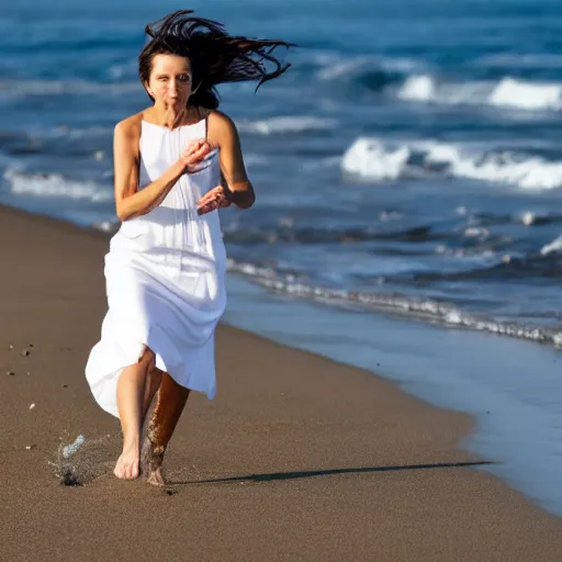 Image similar to dark haired woman in a white dress running on the beach