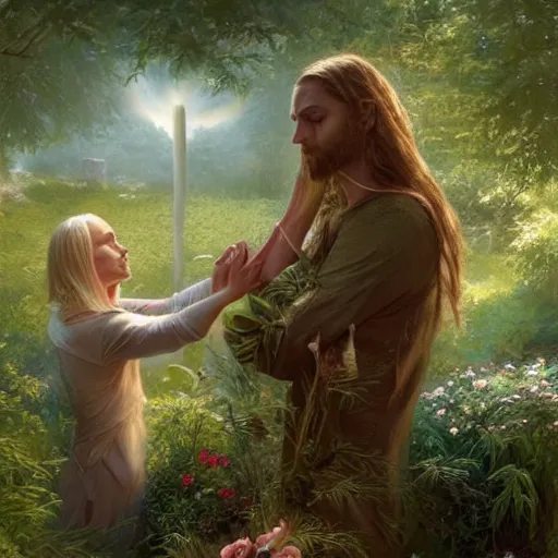 Prompt: Jesus Christ giving a blonde Swedish woman a hug in a beautiful garden, digital illustration by Ruan Jia and Mandy Jurgens and Artgerm and Wayne Barlowe and Greg Rutkowski and Zdislav Beksinski