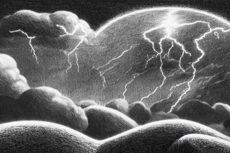 Image similar to Thy thunder, conscious of the new command, rumbles reluctant o'er our fallen house; and thy sharp lightning in unpractised hands scorches and burns our once serene domain, postmodern surrealist hand drawn matte painting 4k by Lynd Ward, smooth, sharp focus, extremely detailed, dramatic cinematic lighting.