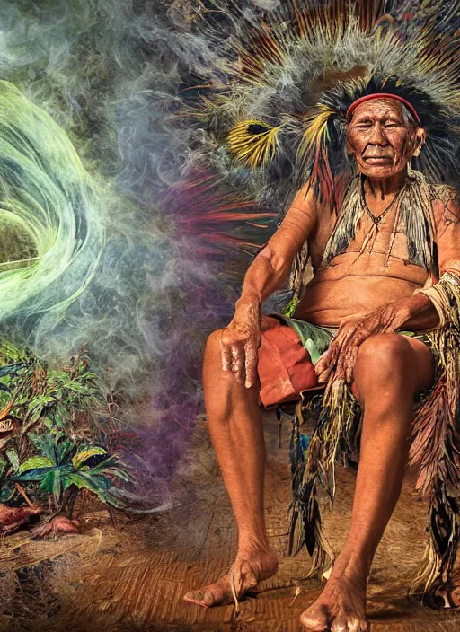 Prompt: a vision of the tobacco plant teacher spirit as an old indigenous man during an ayahuasca ceremony, surrounded by thick smoke, fractals, fantasy art, matte painting, highly detailed