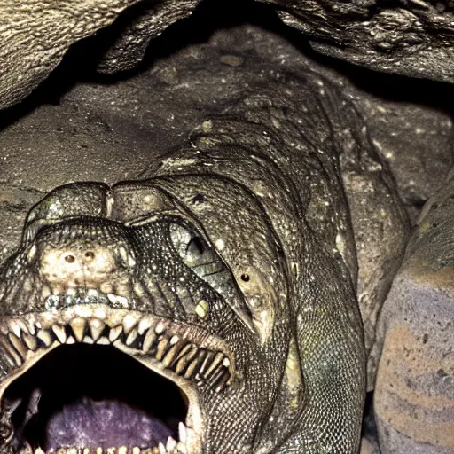 Image similar to photo inside a cavern of a scary humanoid partially hidden behind a rock with wet lizard skin and a mouth with sharp tooth and black eyes, staring at a tourist