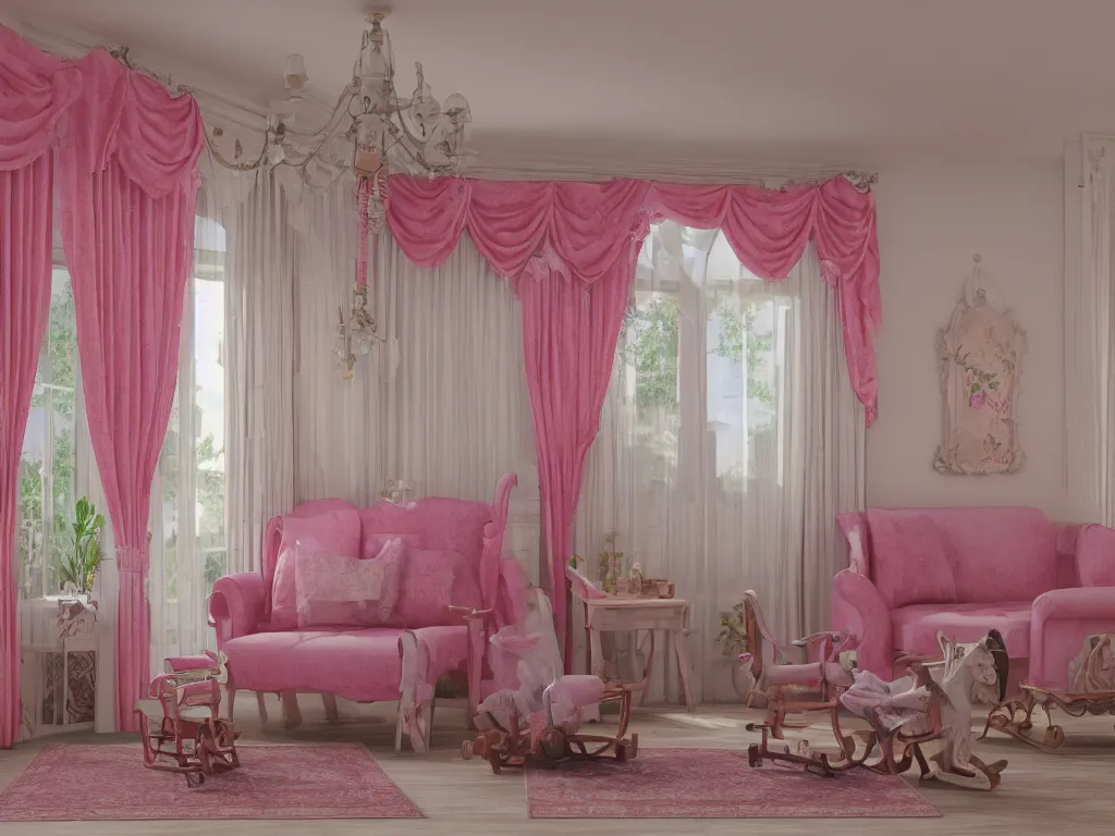 Prompt: 3D render of vintage interior house with very large pink curtains and toys on the floor and a rocking horse in the middle, High detail, Octane Render, faded colors, pastel colors