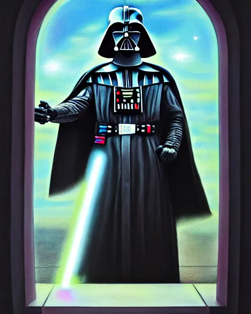 Image similar to pastel painting portrait of darth vader looking through a large window into space, high production value, intricate details, high resolution, hdr, high definition, masterpiece, realistic, ultrarealistic, highly detailed, hd, sharp focus, non blurry, sharp, smooth