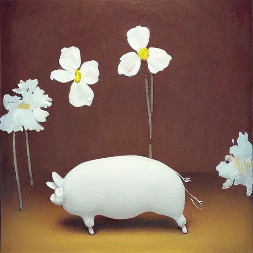 Image similar to “pig paintings and pig sculptures in a pig art gallery, pork, ikebana white flowers, white wax dripping, squashed raspberry stains, acrylic and spray paint and oilstick on canvas, by munch and Dali”