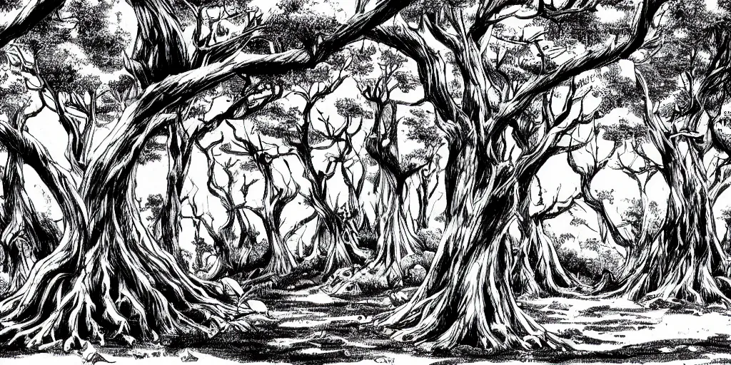 Image similar to illustration of a fantasy forest on the mountanside, monochrome, manga style, by Kentaro Miura, sharp, dramatic lighting