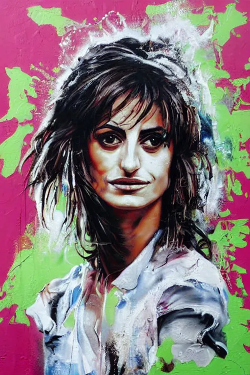 Image similar to oil painting, portrait of penelope cruz, graffiti, splash painting, by bansky