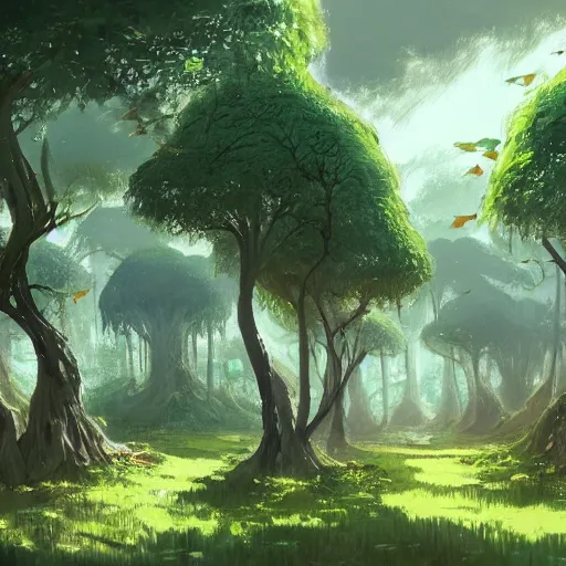 Image similar to concept art painting of a forest with houses made of trees and roots, houses inside trees, vines, deep forest, realistic, detailed, cel shaded, in the style of makoto shinkai and greg rutkowski and james gurney