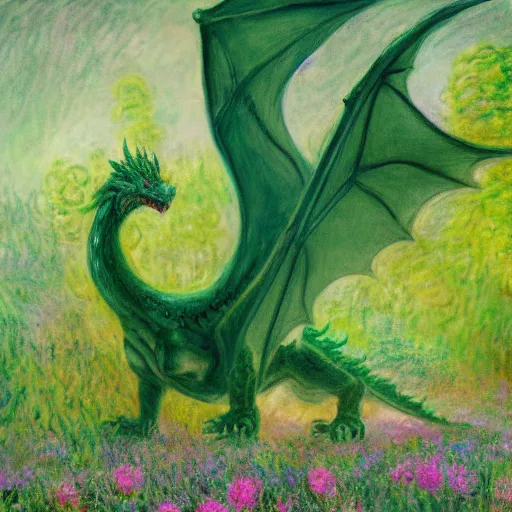 Prompt: A large green dragon sitting in a flowery meadow by Claude Monet, deviantart, furaffinity, highly detailed