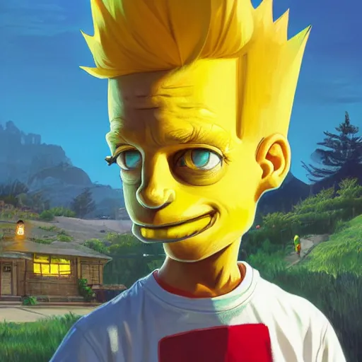 Image similar to highly detailed portrait bart simpson, in gta v, stephen bliss, unreal engine, fantasy art by greg rutkowski, loish, rhads, ferdinand knab, makoto shinkai and lois van baarle, ilya kuvshinov, rossdraws, tom bagshaw, global illumination, radiant light, detailed and intricate environment