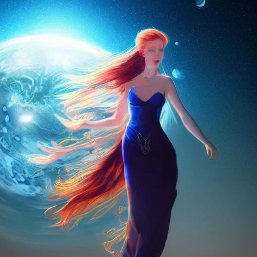 Prompt: portrait of a beautiful tattoed redhead woman carrying a laser gun, a planet in the background. blue dress, light iridescent hair color, long windy hair style, fantasy, intricate, sharp focus, lens flare, bloom, rim light, illustration, highly detailed, realistic, digital painting, concept art, matte, art by ruan jia