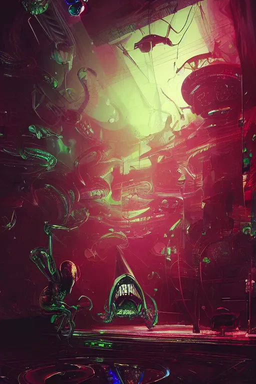 Prompt: Alien beetle bugs from another planet visit a jazz nightclub in Harlem, an epic painting, volumetric lighting, intricate, elegant, highly detailed, digital painting, artstation, concept art, smooth, sharp focus, art by Maciej Kuciara