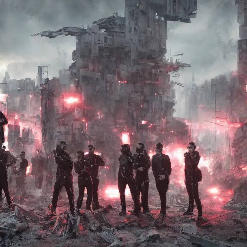 Prompt: hyperrealistic cinematic shot starset band in sci fi uniforms, standing in the streets, in an apocalyptic ruined distopian future city in an epic cinematic shot, with red haze, performing a music video, hyper detailed faces, stunning realism, brutalist buildings tower over