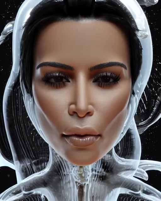 Prompt: film still of kim kardashian being kissed by an xenomorph slathered in a transparent alien liquid, wet flowing hair, gooey skin, illustration, unreal engine 5, 8 k, directed by h. r. giger.