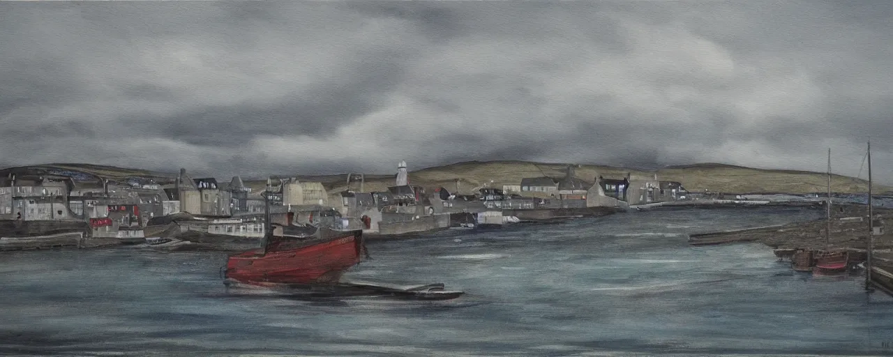 Prompt: a painting of the harbour at Stromness orkney, stormy, dark, haunting, sinister