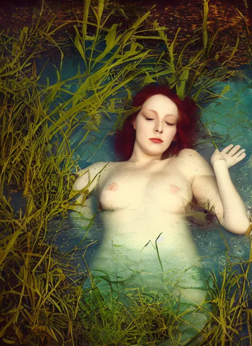 Image similar to lady laying under the river bed amongst the weeds, underwater shot, submerged, medium shot, on the bed of the river preraphaelite colour photography, 8 k