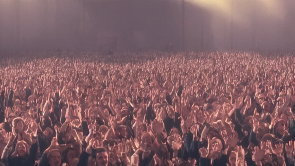 Image similar to movie still of a crowd waving hands saying good morning, cinematic composition, cinematic light, by edgar wright and david lynch