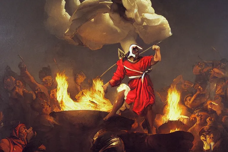 Image similar to a highly detailed menacing painting of pulcinella!!! from naples with a pizza!! and lots of fire, a volcano and dark smoke, an ultrafine painting by giovanni domenico tiepolo, dramatic lighting, trending on deviantart, sharp focus, octane, masterpiece