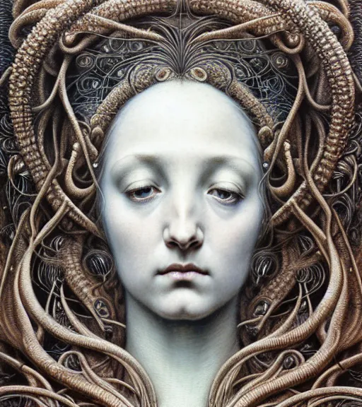 Prompt: detailed realistic beautiful ivory goddess face portrait by jean delville, gustave dore, iris van herpen and marco mazzoni, art forms of nature by ernst haeckel, art nouveau, symbolist, visionary, gothic, neo - gothic, pre - raphaelite, fractal lace, intricate alien botanicals, biodiversity, surreality, hyperdetailed ultrasharp octane render