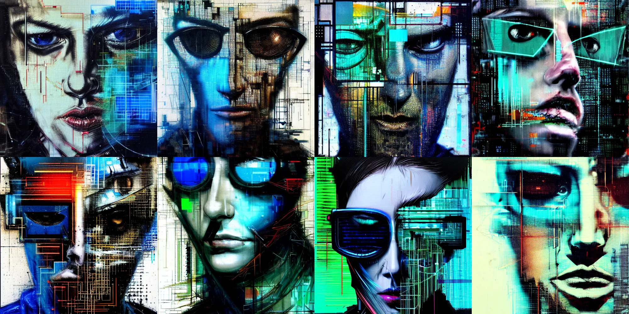 Prompt: hyperrealistic portrait of a cyberpunk character, by Guy Denning, Johannes Itten, Russ Mills, glitch art, glitch eyes, hacking effects, glitch effects, graphic effects, cybernetics, digital sunglasses, detailed lines, chromatic, color blocking, oil on canvas, highly detailed, close up, front view, symmetrical, octane, concept art, abstract, blue and black, 8k, cinematic, trending on artstation