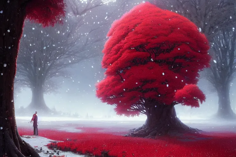 Image similar to giant tree in snow with red flowers, unreal engine, fantasy art by greg rutkowski, loish, rhads, ferdinand knab, makoto shinkai and lois van baarle, ilya kuvshinov, rossdraws, tom bagshaw, global illumination, radiant light, detailed and intricate environment