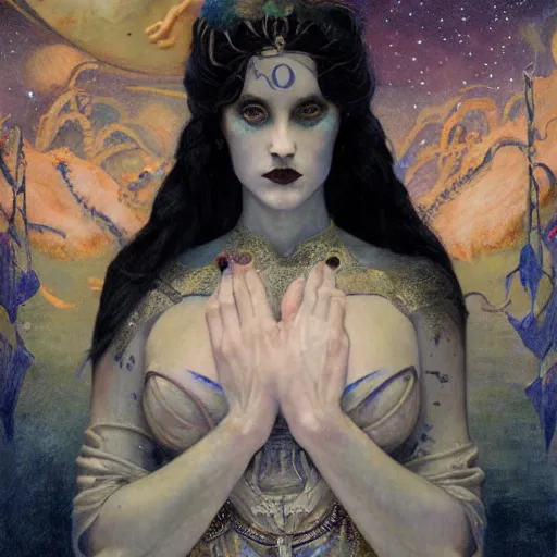 Image similar to queen of the moon with stars in her hair, by tino rodriguez and annie swynnerton and nicholas roerich and jean delville and donato giancola and tom bagshaw and lucien freud, dramatic lighting, goth tattoos, rich colors, smooth sharp focus, extremely detailed, adolf wolfli