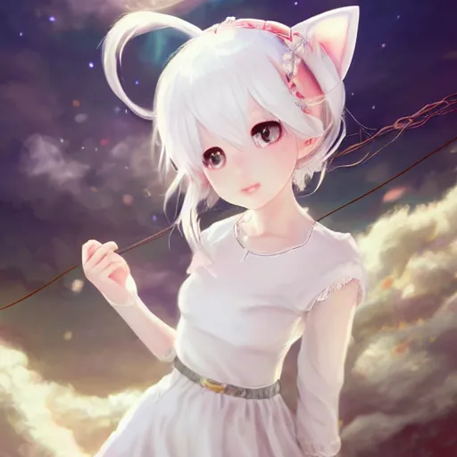 Image similar to realistic beautiful gorgeous natural cute young teenager girl white hair cute white cat ears in maid dress outfit golden eyes artwork drawn full HD 4K highest quality in artstyle by professional artists WLOP, Taejune Kim, Guweiz, ArtGerm on Artstation Pixiv