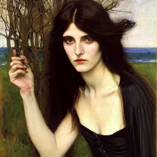 Image similar to A striking Pre-Raphaelite witch with intense eyes and jet black hair, by John Collier, by John William Waterhouse, John Everett Millais