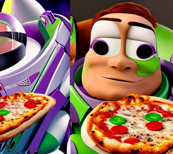 Prompt: buzz lightyear melting into a pizza with a look of shame and sadness on his face.