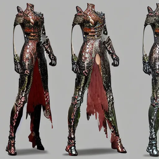 Image similar to concept art of a dragon scale armor dress. bright metallics, ornate detail. in the style of crystal dynamics