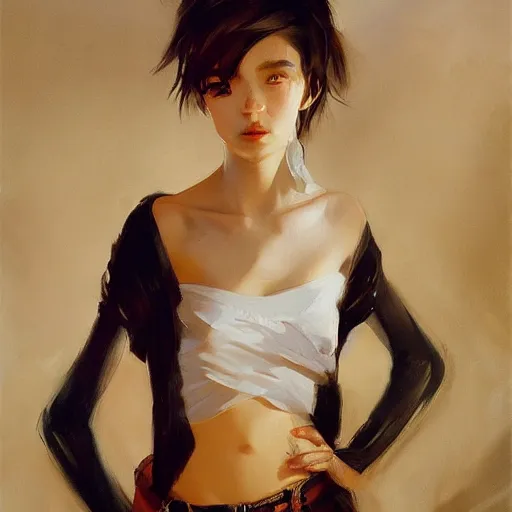 Prompt: anime, fashion, vogue, elle, oil painting, trending on artstation, john singer sargent, greg rutkowski, crop top, intricate