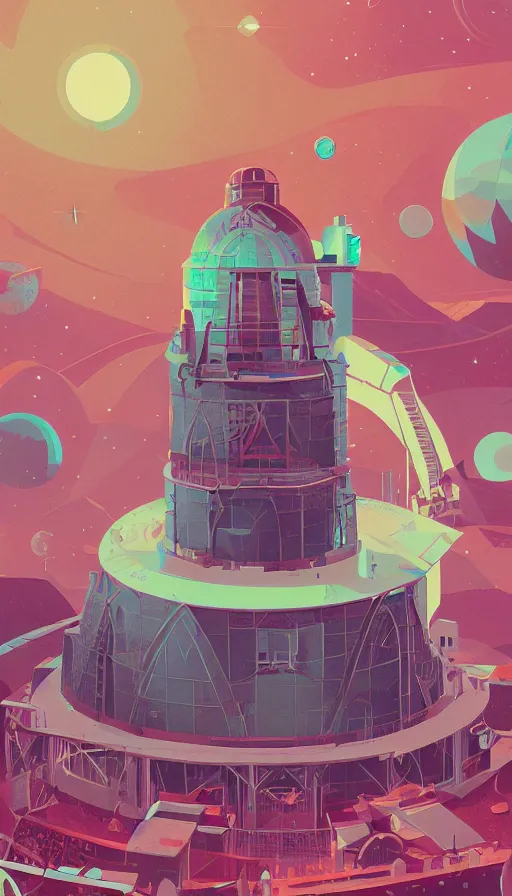 Image similar to epic magical observatory, large telescope, sharp focus, james gilleard, print, risograph, cinematic, game art