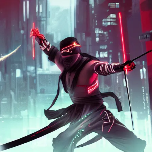 Image similar to a cyberpunk ninja fighting and wielding an electric rope dart. concept art, award winning. 4 k