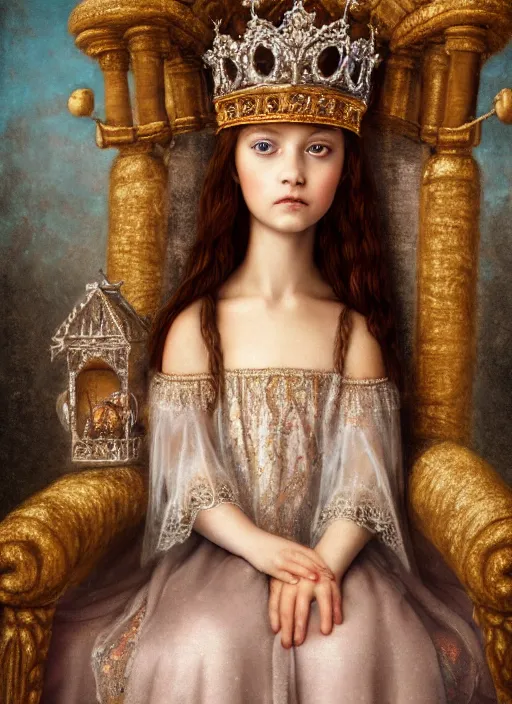 Image similar to highly detailed closeup portrait of a medieval princess wearing a crown and sitting on a throne, nicoletta ceccoli, mark ryden, lostfish, global illumination, god rays, detailed and intricate environment